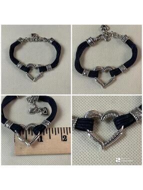 Brighton Bracelet Heritage Heart Black Cord Antique Silver Tone Excellent !!